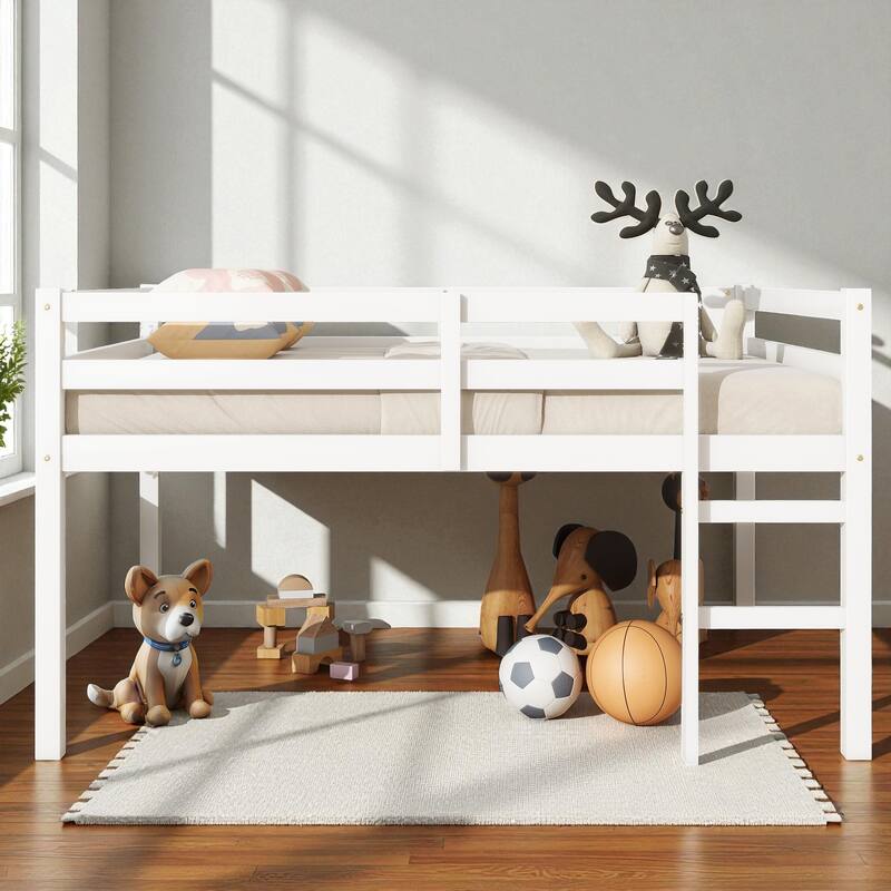 Full Size Loft Bed with Ladder, Solid Rubber Wood Frame Low Height Design with Guard Rails and Under-Bed Storage Space