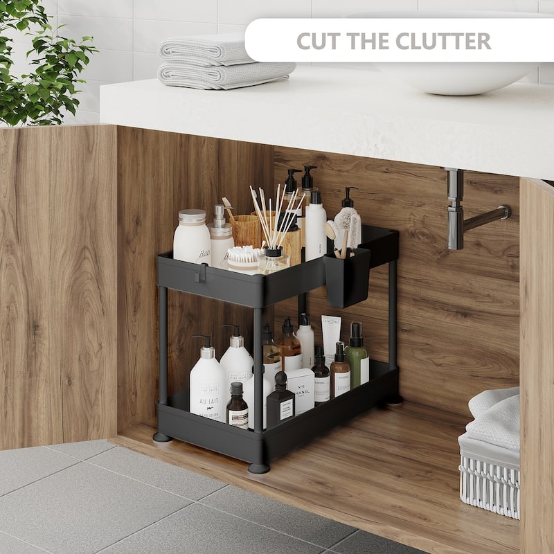 Empyrean 2 Tier Non-Slip Grip Kitchen Under Sink Organizer - Bathroom Cabinet Organizer with Utility Hooks and Side Caddy
