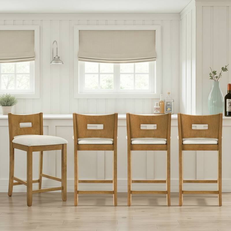 Ren Rubberword Bar Stool, Ivory Upholstered Counter Height Stool - Set of 4 - Ivory/Amber Glow - Bar Height