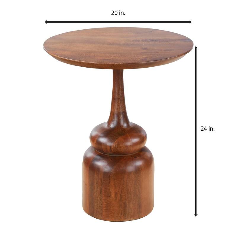 Round Accent Table - Solid Mango Wood with Sculpted Pedestal Base