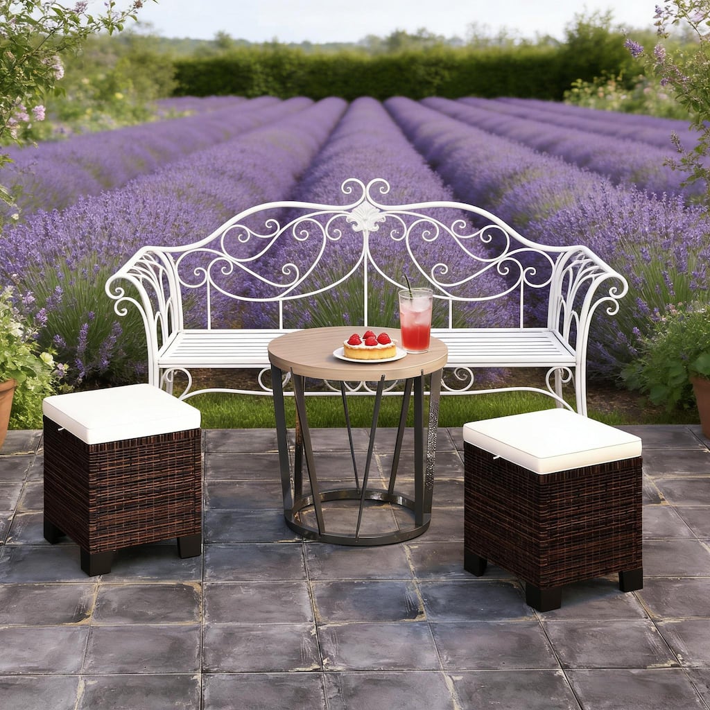 GDFStudio - Outdoor Wicker Ottoman Cubes with Cushions and Steel Frame ( Set of 2 )