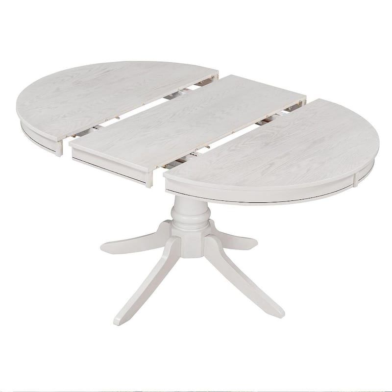 Wooden Round Drop Leaf Extendable Dining Table Set with 4 Upholstered Chairs