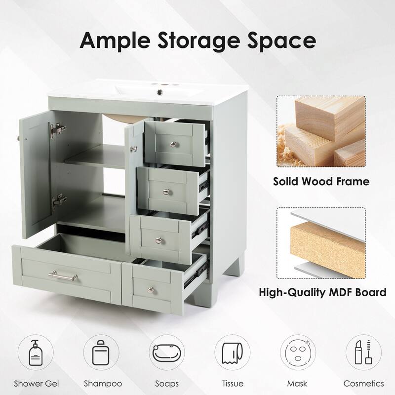 30" Blue Grey Bathroom Vanity with Ceramic Sink - Soft-Close Drawers, Solid Wood Frame, Multi-Organizer Storage