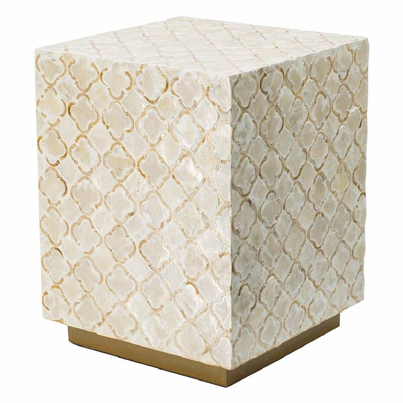 Geometric Capiz Block Stool - 14" Square Design, End Table, Side Table - 14x14x18" - Cream White - 14x14x18"
