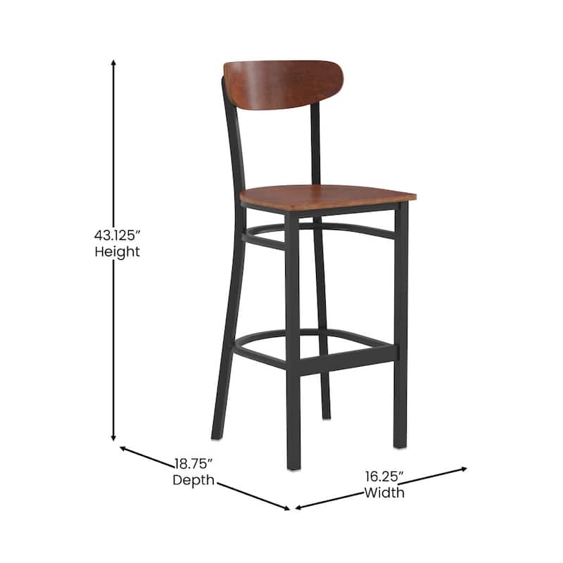 Commercial Metal Barstool with Wood Seat and Boomerang Back