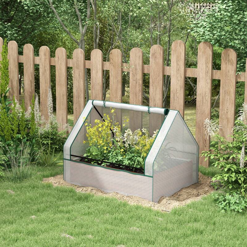 Raised Garden Bed with Mini Greenhouse,Galvanized Outdoor Planter Box with Cover,for Herbs,White Cover and Brown Planter