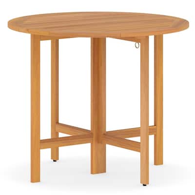 Teak Acacia Wood Round Folding Dining Table 36 inches Slatted Outdoor - 36" x 29.5"