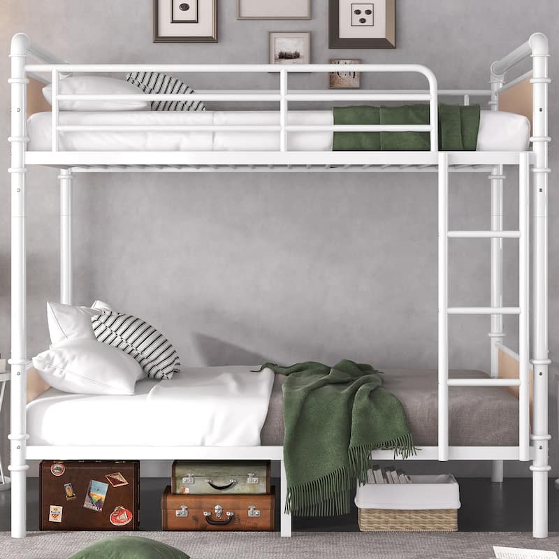 Twin XL Stacked Metal Bunk Bed – Industrial Style With Removable Safety Rails‌ - White