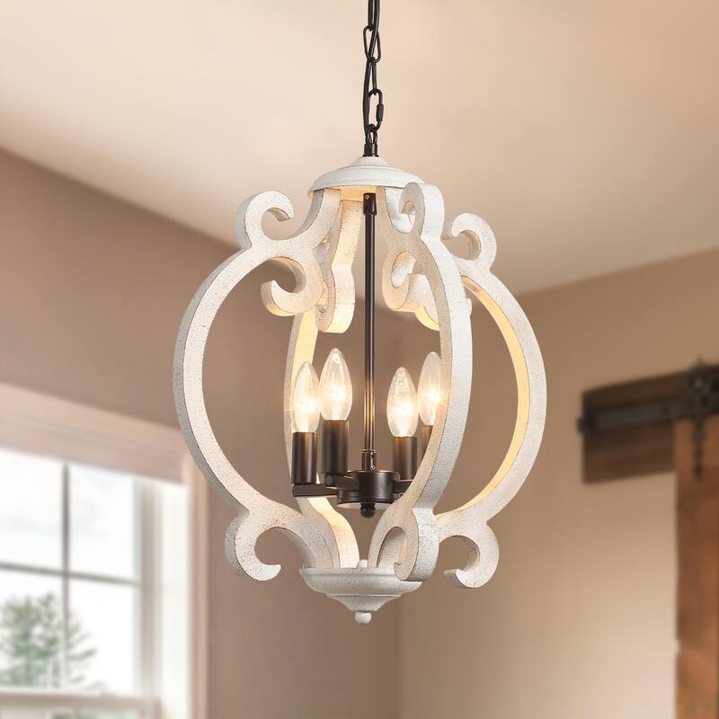 4-Light 15.74-inch Farmhouse Wooden Lantern Chandeliers for Entryway - Black