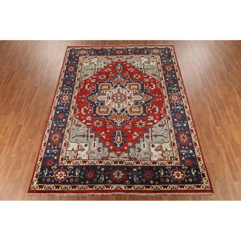 Geometric Red Heriz Serapi Oriental Area Rug Handmade Wool Carpet - 8'10"x 12'0"