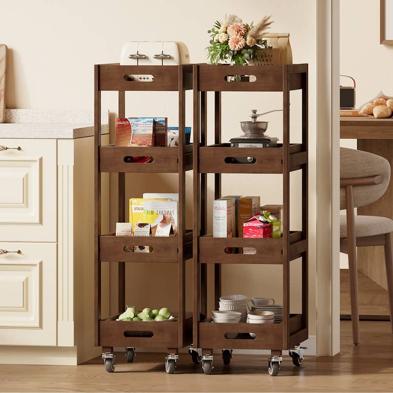4-Tier Solid Wood Storage Cart, Narrow Kitchen Rolling Carts on Wheels