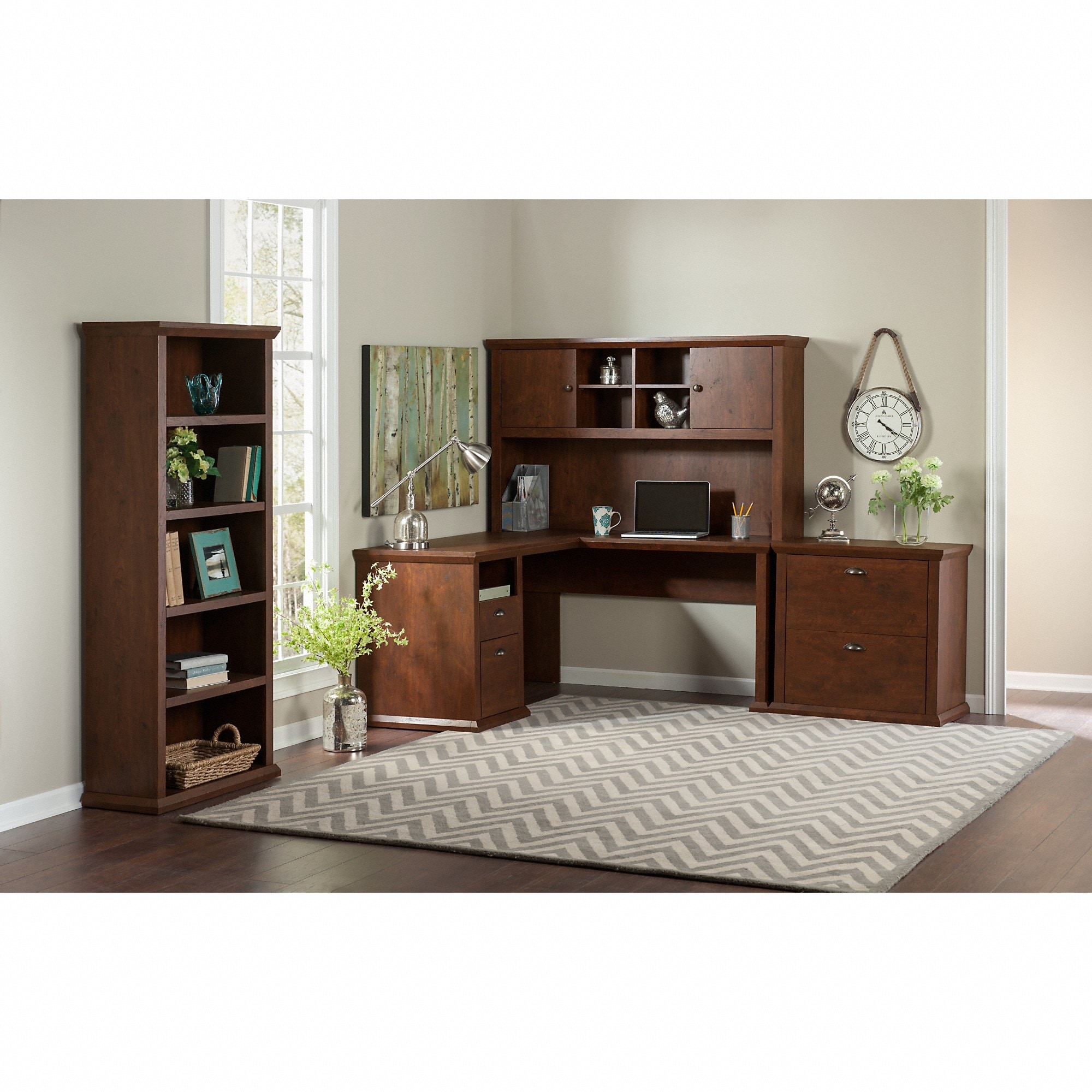 L-Desk with Hutch, File Cabinet and Bookcase