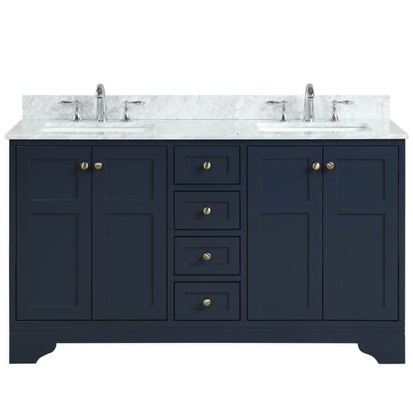 slide 2 of 4, 60 inch Double Bathroom Vanity, Navy Blue with Carrara Marble Top