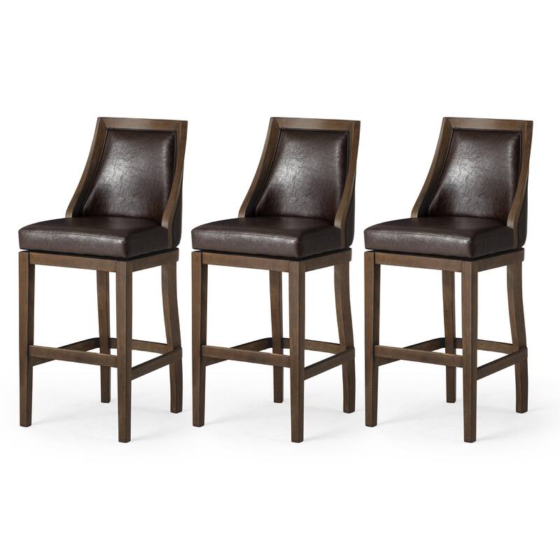 Maven Lane Vienna Swivel Kitchen Stool - Set of 3 - Walnut Vegan Leather - Bar Height