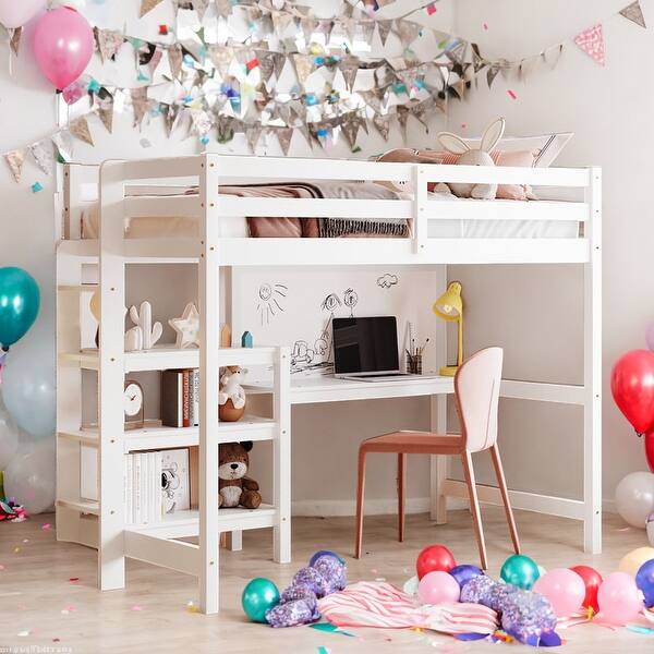 slide 2 of 27, Stylish & Simple Twin Size Wooden Loft Bed with Shelves, Desk and Writing Board, Maximized space, Health and Comfort, White White
