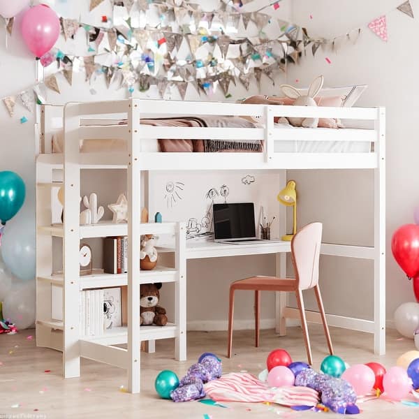 slide 2 of 27, Twin Size Wooden Loft Bed with Shelves, Desk and Writing Board, White White
