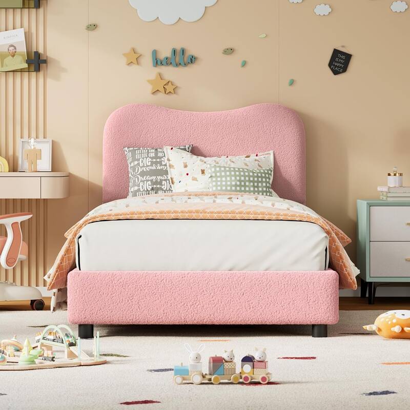 Kids Upholstered Platform Bed, Soft Boucle Fabric with Low Profile Frame & Wood Slats, Boys/Girls Bedroom