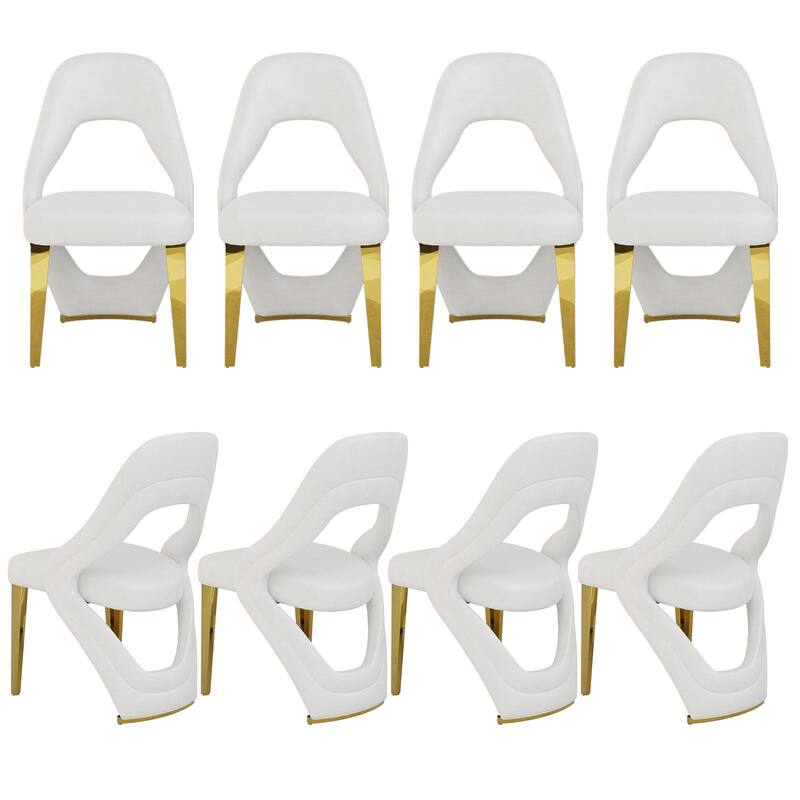 Velvet Dining Chairs with Open Back and Polished Metal Legs - White - Set of 8