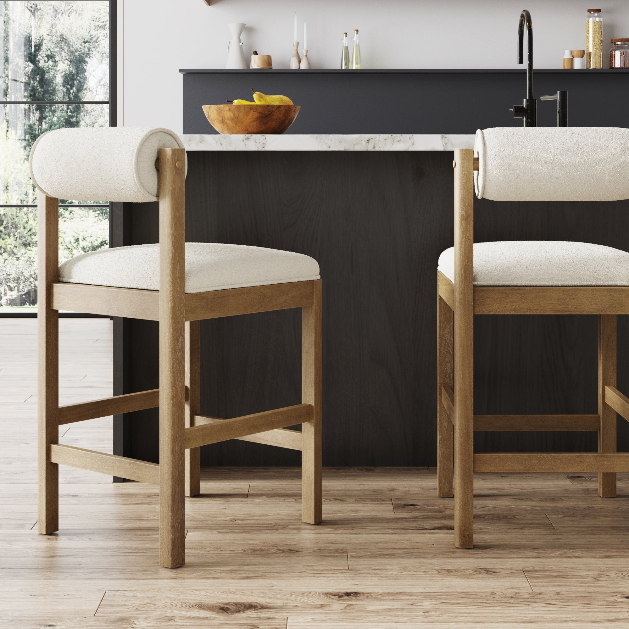 Kimberly Modern Counter Stool with Solid Wood Legs, Boucle Upholstered Seat, and Bolster Back