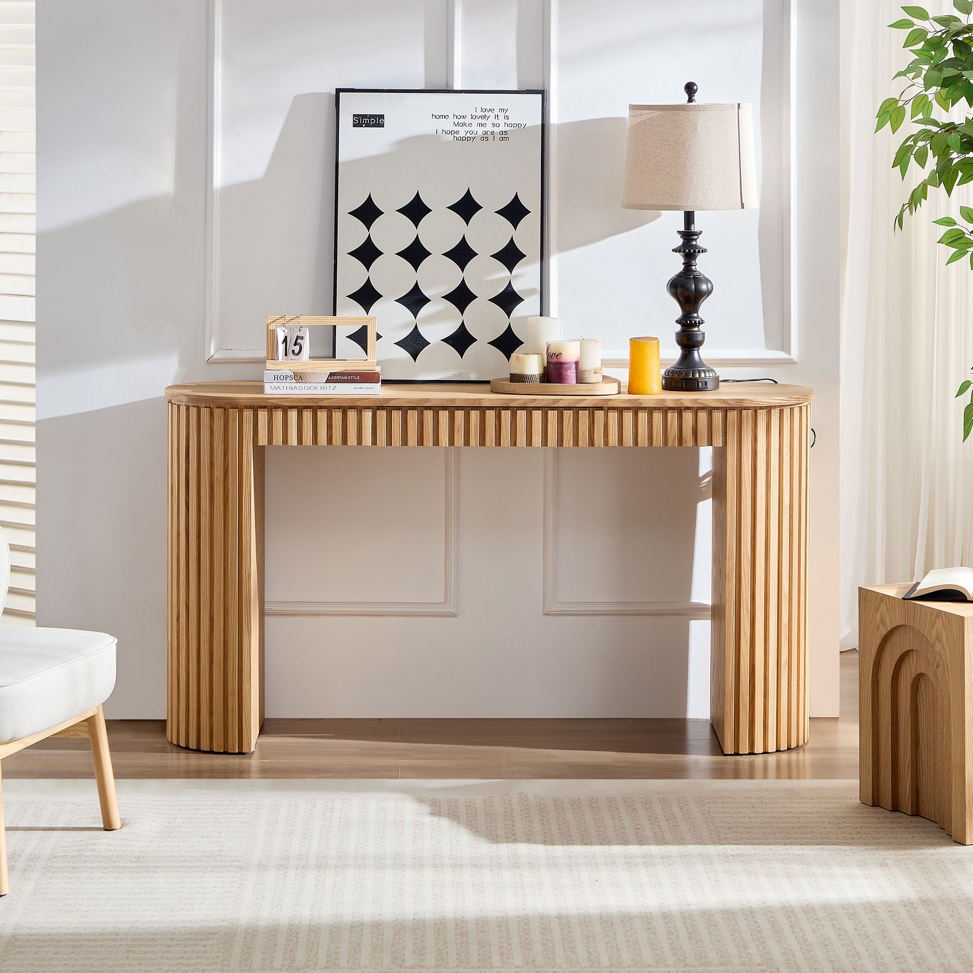 59" Wooden Entryway Console Table with Storage Drawer, Modern Curved Fluted Sofa Side Table with Oval Tabletop