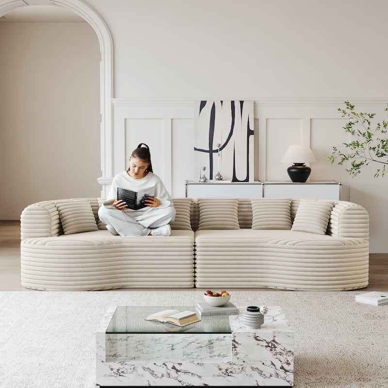Corduroy Curved Chaise Sectional Sofa with Deep Seating and 6 Pillows