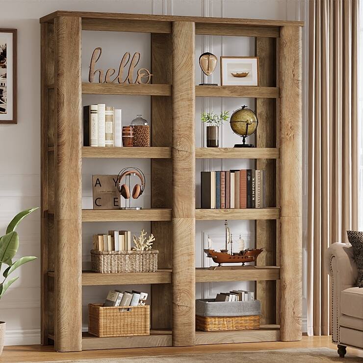 6-Tier Tall Bookshelf, 55-Inch Wide Farmhouse Bookcase Shelving Unit - Oak Brown