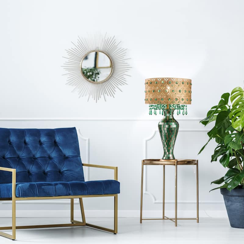 Bridget River of Goods Green and Gold Glass and Metal Drum Shade 25-Inch Table Lamp - 13.75" x 13.75" x 25"