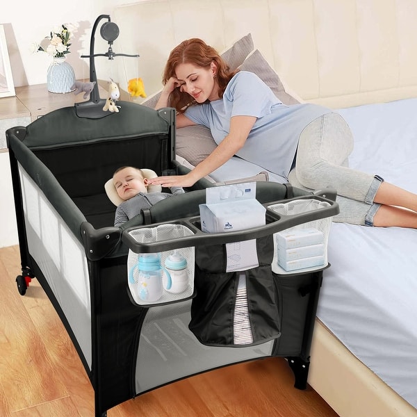 slide 2 of 9, Black 5-in-1 Baby Bassinet Bedside Sleeper, 3 Height Adjustable Portable Baby Crib with Diaper Changer, Storage Bag & Music Box