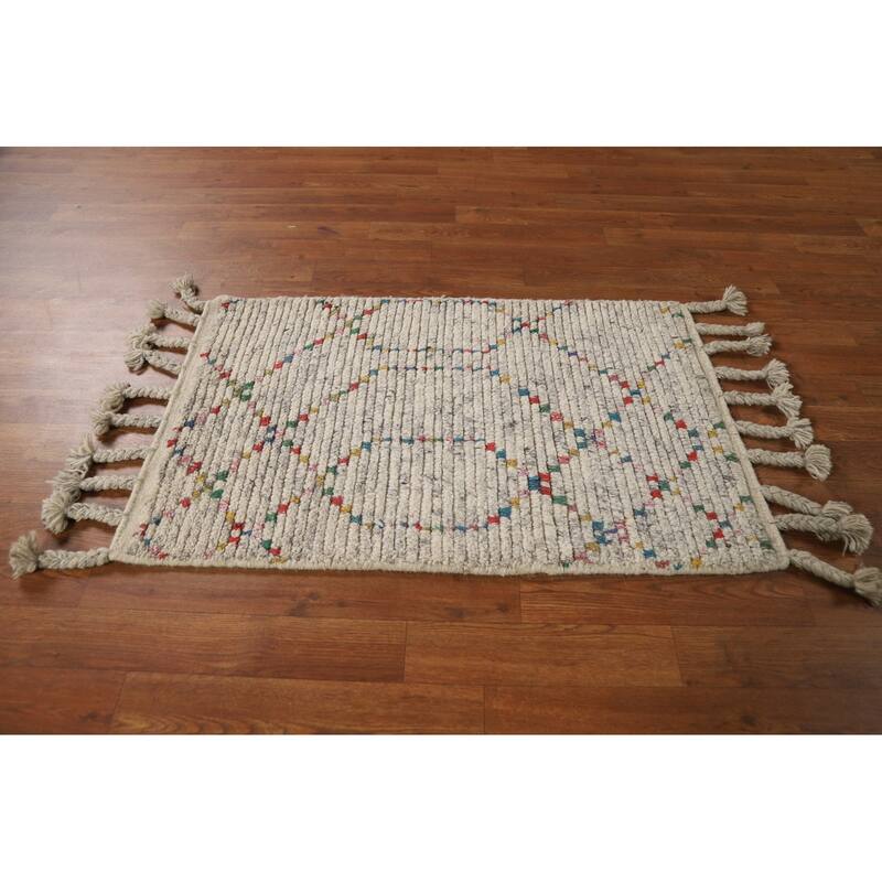 All-Over Striped Moroccan Indian Rug Hand-Knotted Wool Carpet - 2'0"x 3'0"