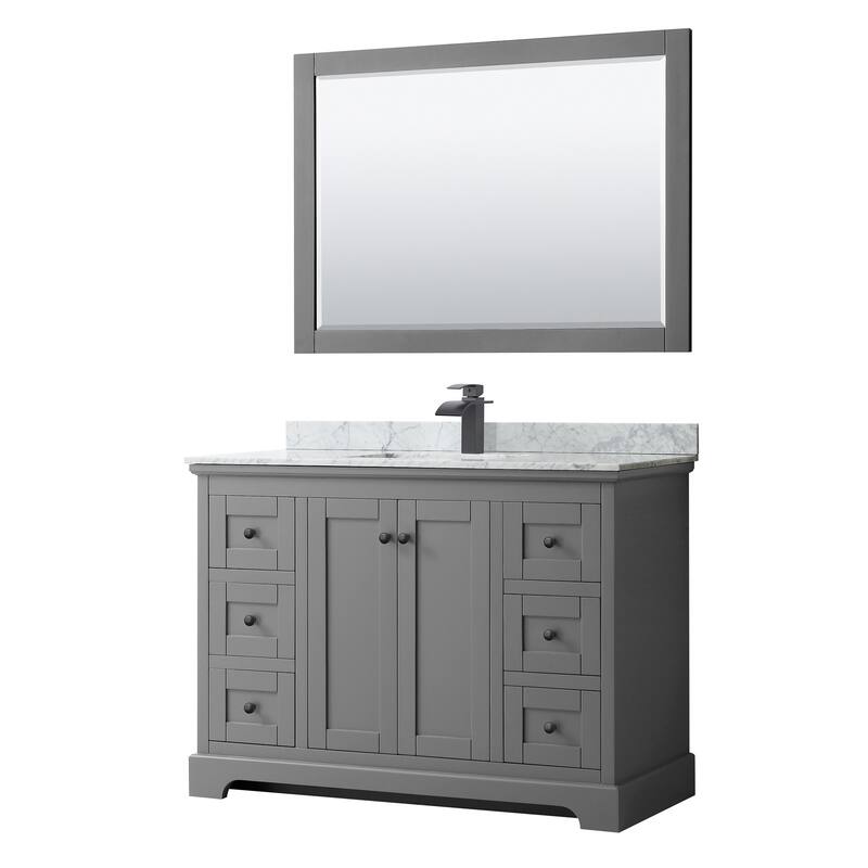 Wyndham Collection Avery 48" Free Standing Single Basin Vanity Set - Dark Gray / White Carrara Marble Top / Matte Black - Steel Finish