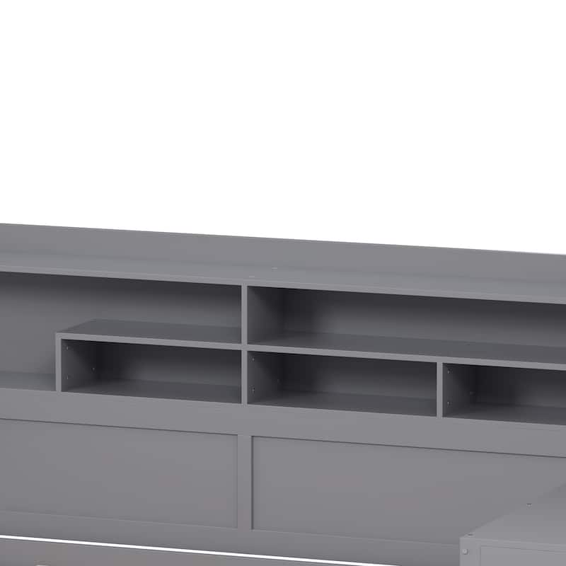 Twin Size Wood Daybed with Trundle and Study Desk - Multi-Functional Storage Bed with Shelves