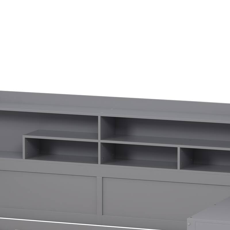 Wooden Daybed with Bookcase Storage Shelves, Storage Platform Bed with Pull-Out Trundle Bed and Built-In Study Desk