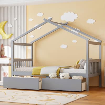 Twin Size Wooden House Bed with 2 Drawers