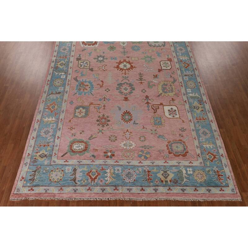 Pink Floral Oushak Oriental Large Area Rug Hand-Knotted Wool Carpet - 9'6" x 14'1"