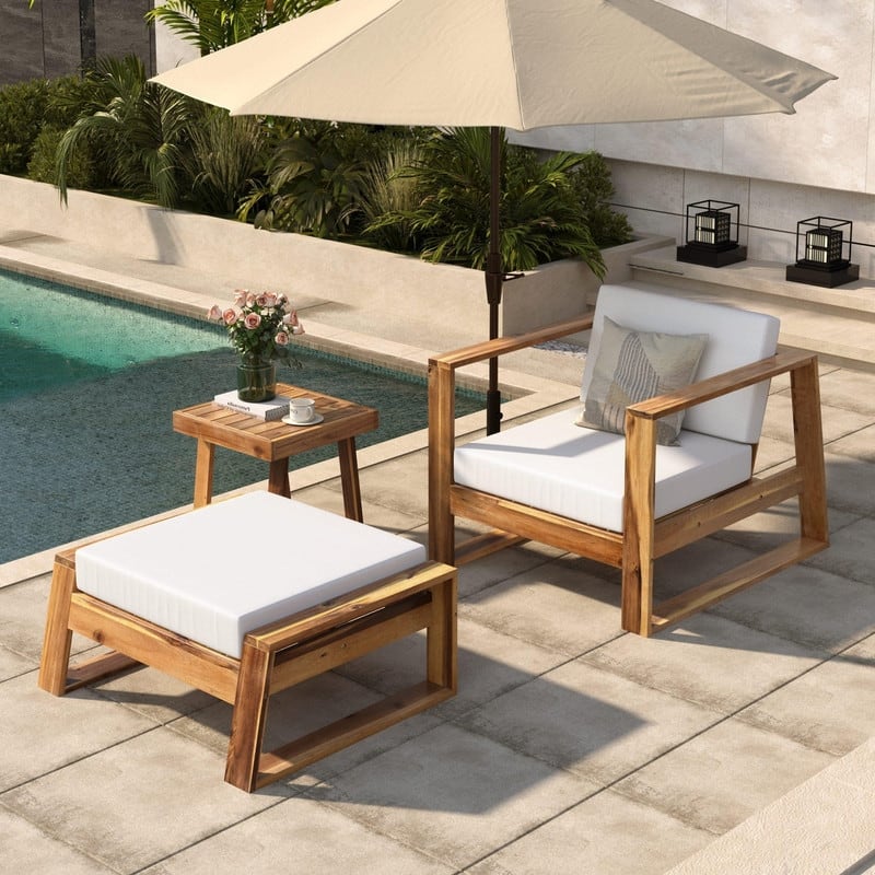3-Piece Acacia Wood Outdoor Lounge Set with Chair and Ottoman for Patios Balconies and Gardens
