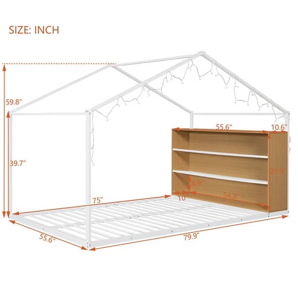 dimension image slide 0 of 4, Metal PlayHouse Bed Frame with Shelves and LED Warm Lighting