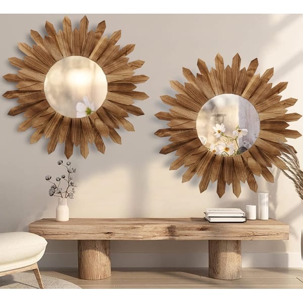 Rustic Round Deco 2 Pack 22 Inch Boho Wall Sunburst Mirror Rustic Round Wood Decorative ...