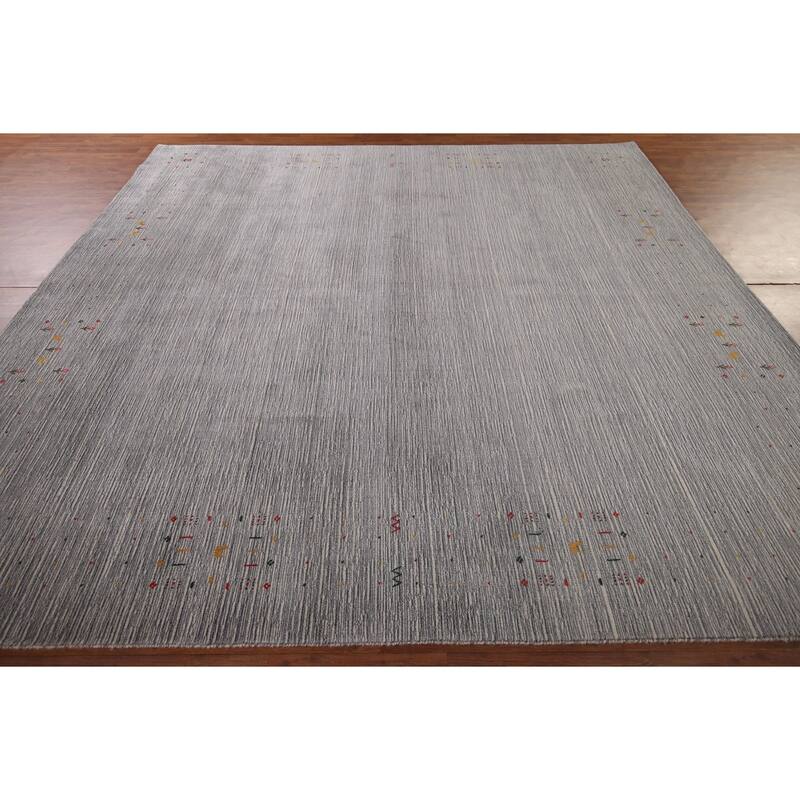 Silver Gray Striped Gabbeh Square Area Rug Handmade Wool Carpet - 9'7"x 9'7"