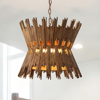 16" Retro Brass Wood Hourglass 4-Light Chandelier Geometric Metal Adjustable Pendant Light for Foyer