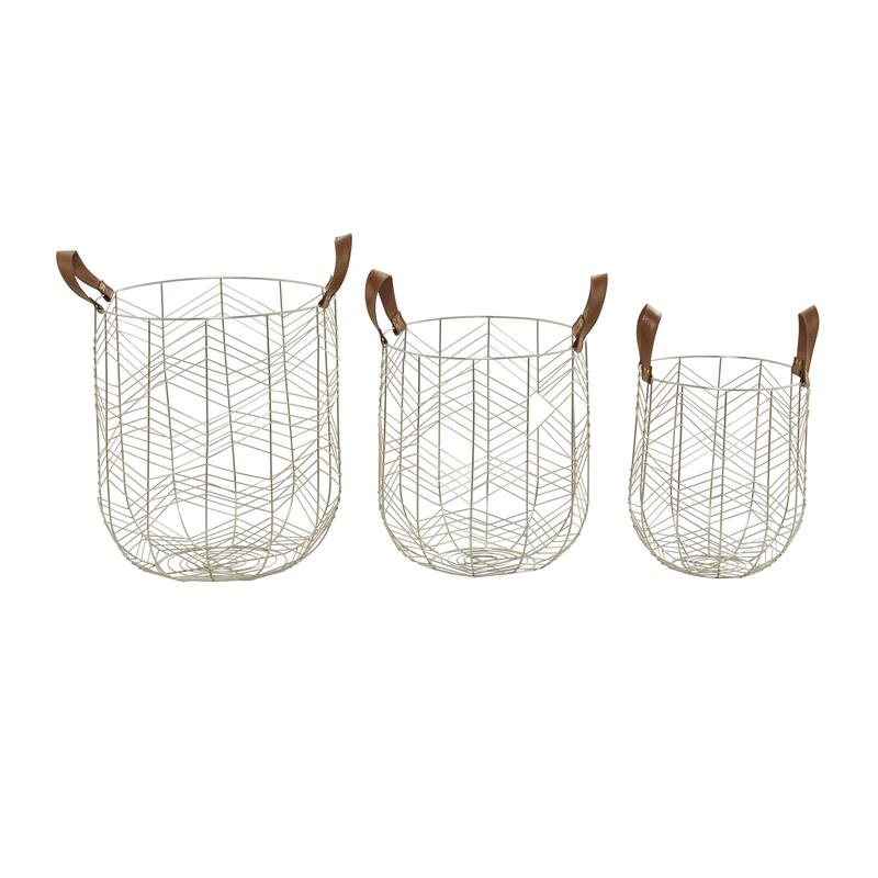 Metal Decorative and Functional Storage Basket with Faux Leather Handles - Set of 3 Silver or Gold - CosmoLiving by Cosmopolitan