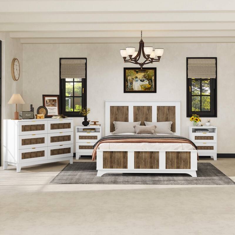 4-Pc Full/Queen Farmhouse Bedroom Set with Wooden Strip Stickers, Storage Nightstand & Dresser, White/Black