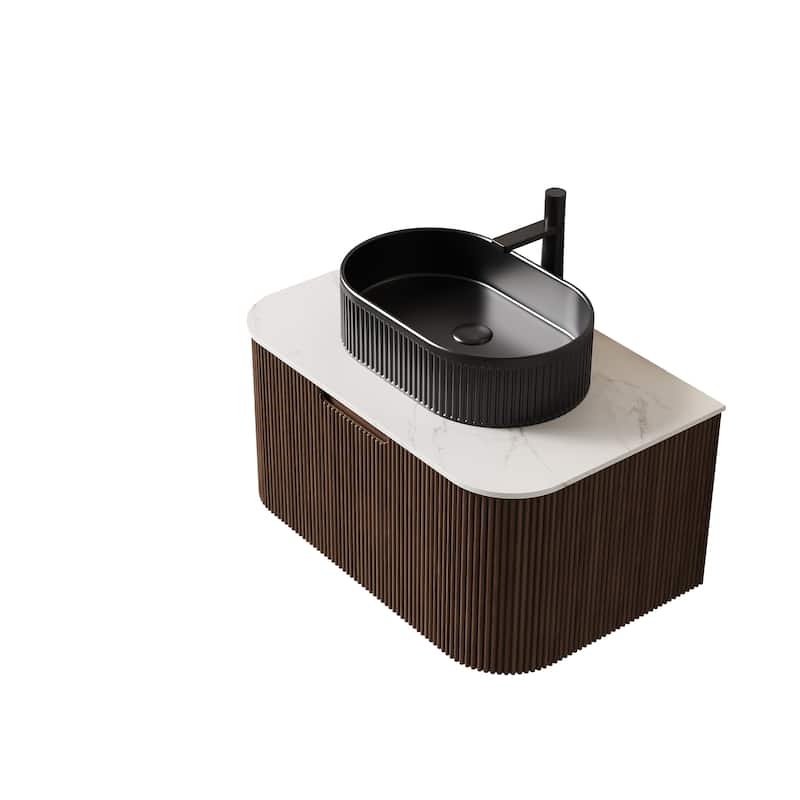 Wall-Mounted Bathroom Vanity with Sink - Black,Dark Walnut