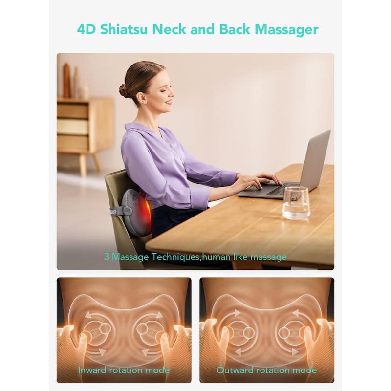 Electric Back Massager Cordless 4D Shiatsu Portable with Heat, Pain Relief & Lumbar Support