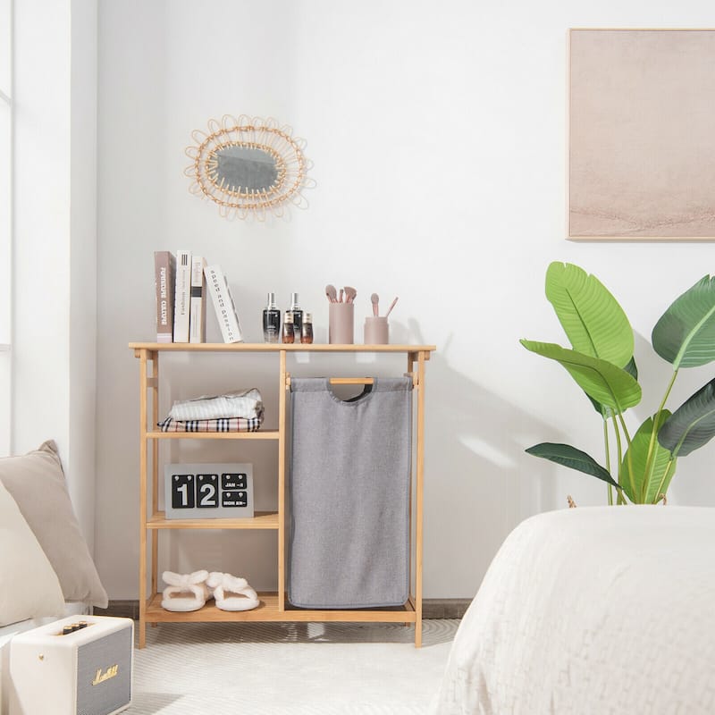Gymax Laundry Hamper Basket Table Bamboo w/Storage Shelves and Sliding