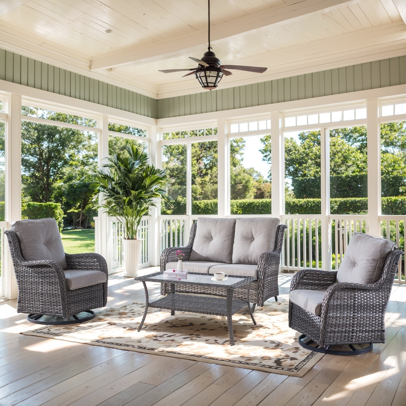 Outdoor Swivel Chair with Glider Loveseat Table - Grey cushion