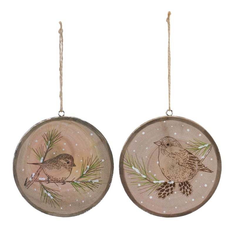 Club 12 Brown Green Bird on Tree Christmas Disc Ornaments 4.25"