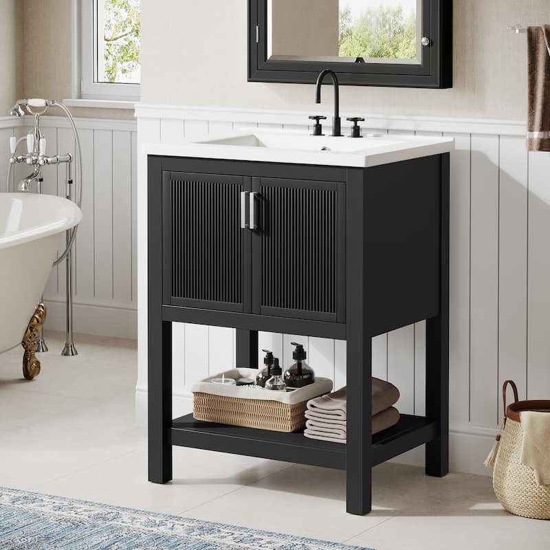 24" Single Bathroom Vanity with Ceramic Sink, Solid Rubberwood Frame & Open Storage Shelf