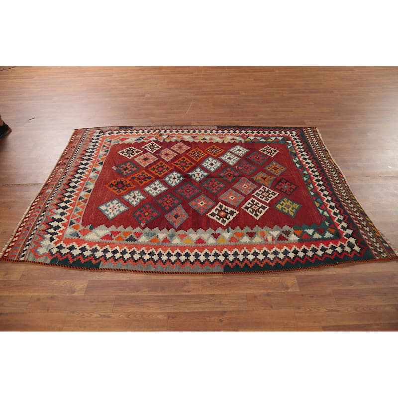 Tribal Kilim Qashqai Persian Vintage Rug Hand-Woven Red Wool Carpet - 5'0"x 6'8"