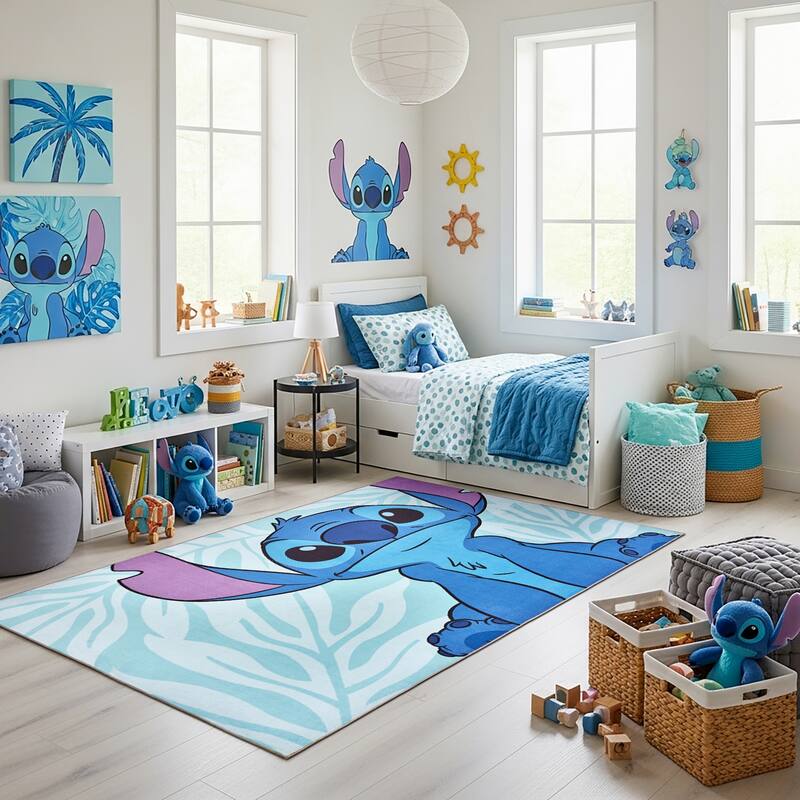 Licensed Disney Stitch Modern Hawaiian Character Printed Flannel Non-Slip Washable Indoor Kids Area Rug, 54"x78" - 4'6"x6'6" - Stitch Palm