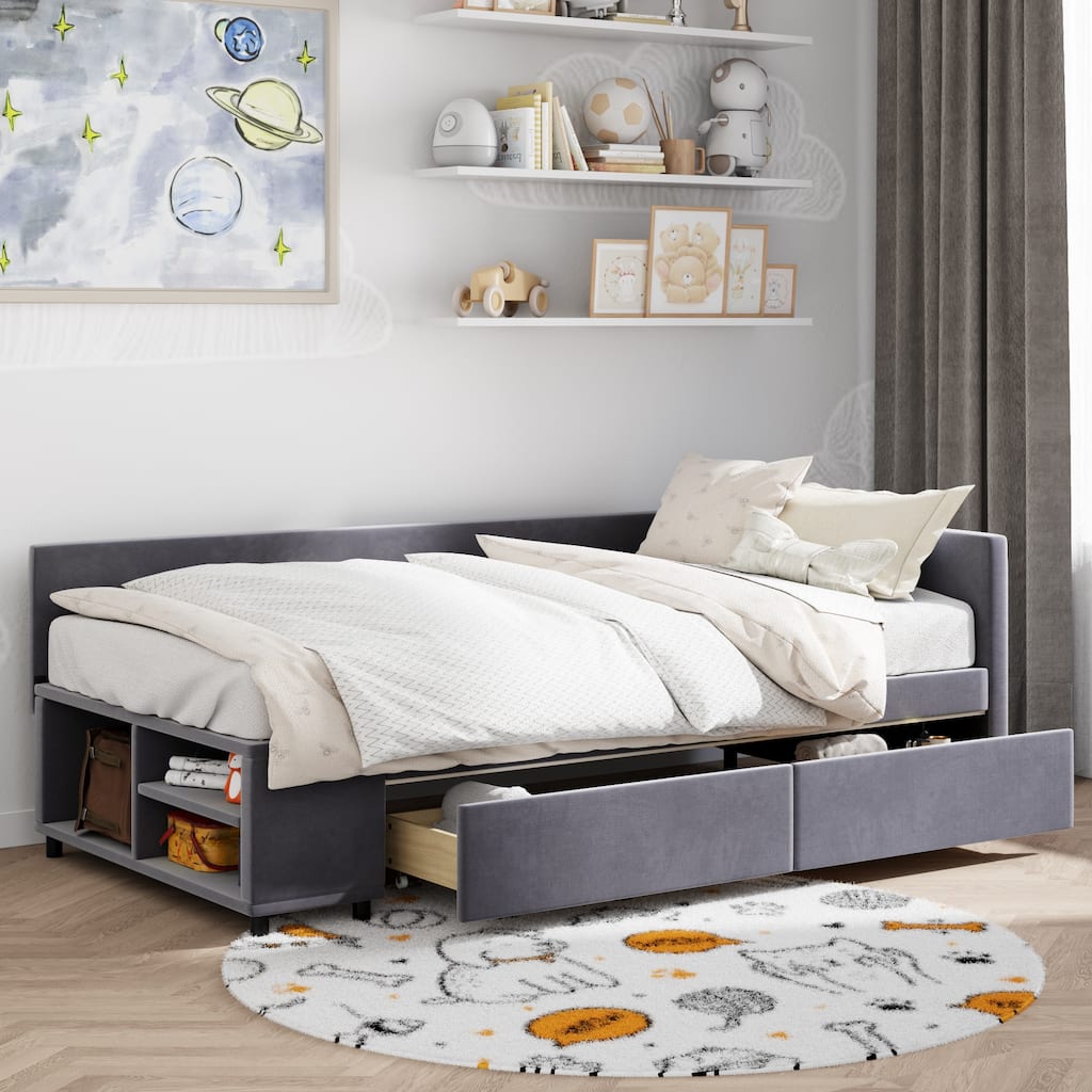 Twin Size L-Shaped Upholstered Platform Bed with Storage and Drawers in Gray